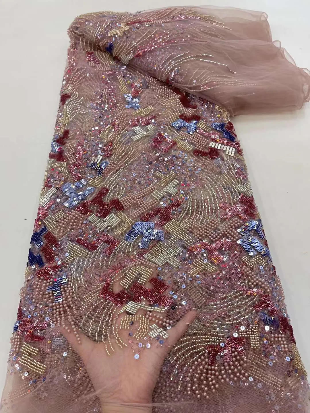 5 COLORS / Geometric Heavy Beads Glitter Embroidered African French Mesh Lace Party Prom Bridal Dress Fabric