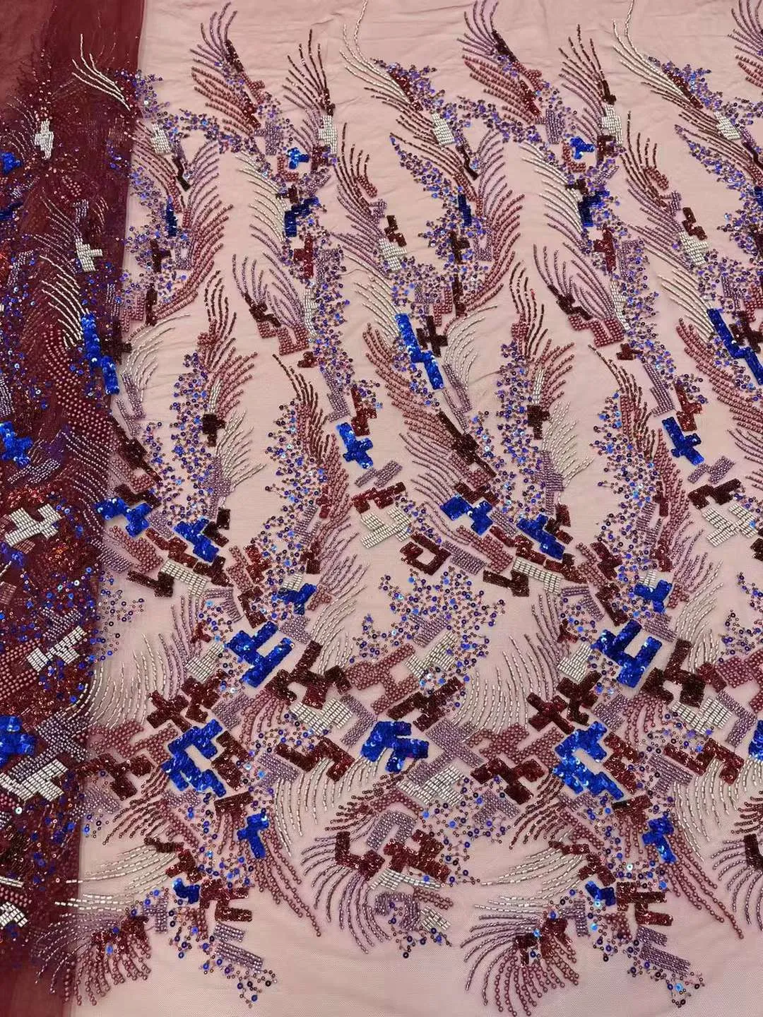 5 COLORS / Geometric Heavy Beads Glitter Embroidered African French Mesh Lace Party Prom Bridal Dress Fabric