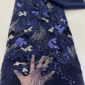 5 COLORS / Geometric Heavy Beads Glitter Embroidered African French Mesh Lace Party Prom Bridal Dress Fabric