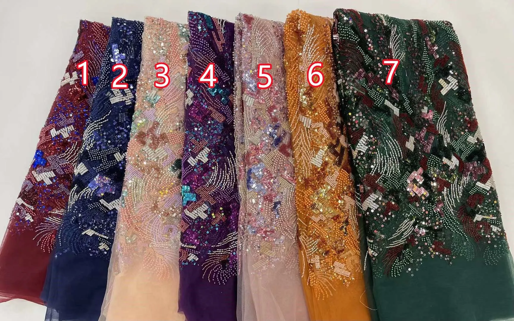 5 COLORS / Geometric Heavy Beads Glitter Embroidered African French Mesh Lace Party Prom Bridal Dress Fabric