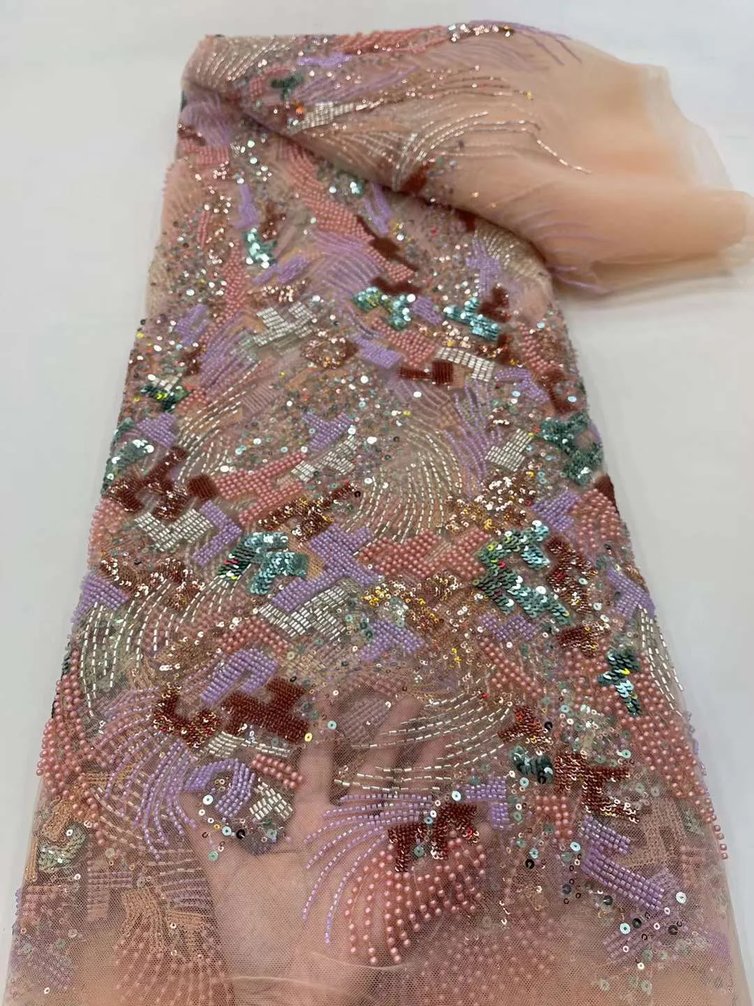 5 COLORS / Geometric Heavy Beads Glitter Embroidered African French Mesh Lace Party Prom Bridal Dress Fabric