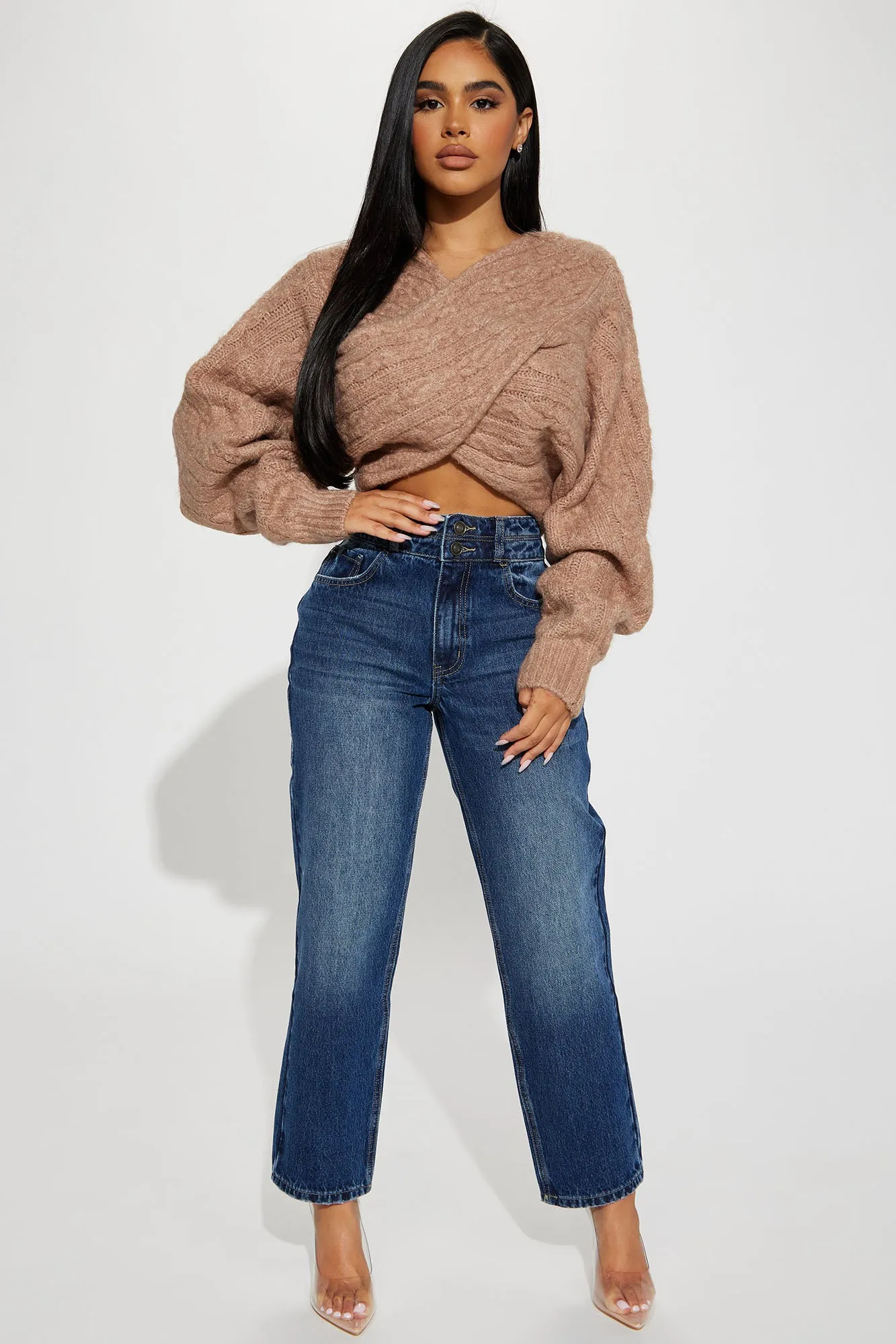 All Things Sweet Cable Knit Crossover Sweater - Mocha