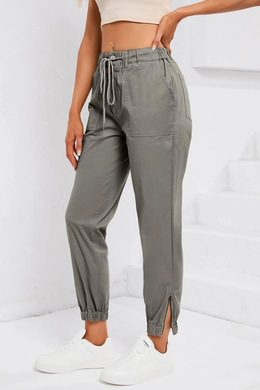 Ankle Zip Drawstring Joggers With Pockets