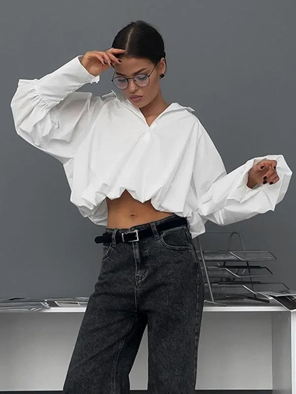 Asymmetric Solid Color Split-Joint Loose Puff Sleeves Lapel Blouses&shirts Tops