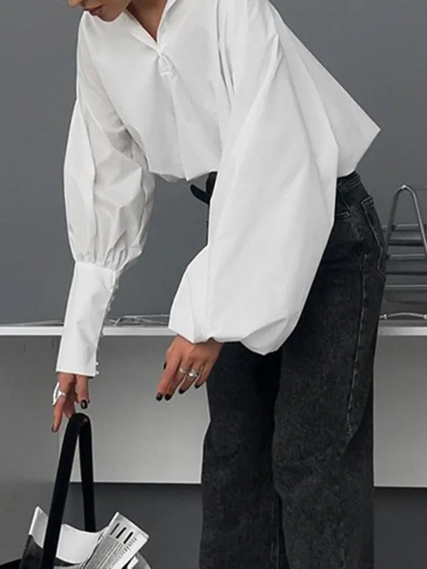 Asymmetric Solid Color Split-Joint Loose Puff Sleeves Lapel Blouses&shirts Tops