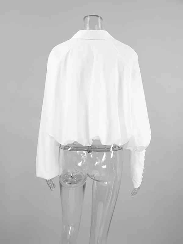 Asymmetric Solid Color Split-Joint Loose Puff Sleeves Lapel Blouses&shirts Tops
