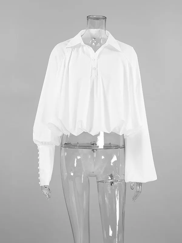Asymmetric Solid Color Split-Joint Loose Puff Sleeves Lapel Blouses&shirts Tops