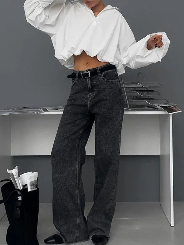 Asymmetric Solid Color Split-Joint Loose Puff Sleeves Lapel Blouses&shirts Tops