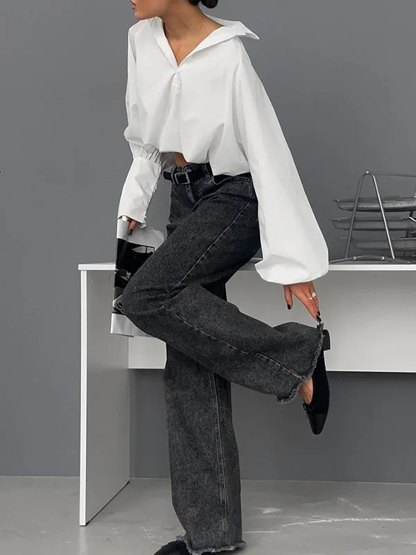 Asymmetric Solid Color Split-Joint Loose Puff Sleeves Lapel Blouses&shirts Tops