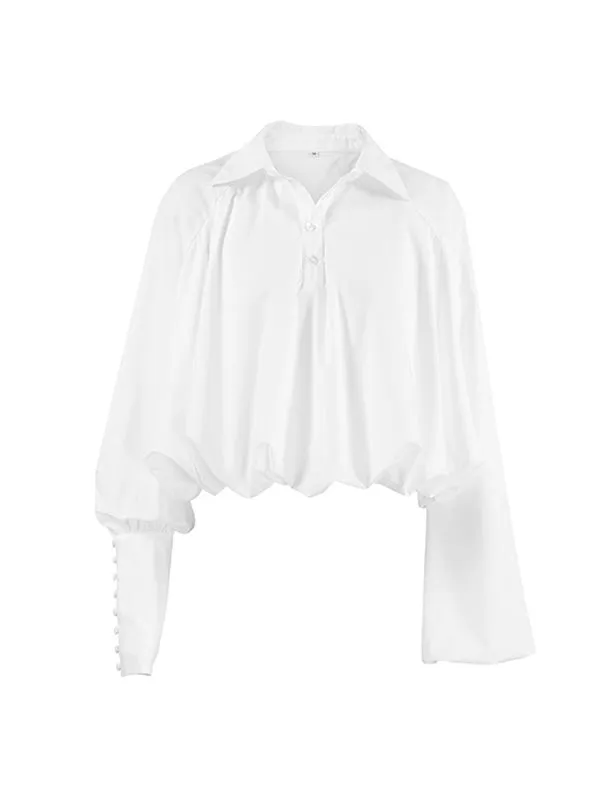 Asymmetric Solid Color Split-Joint Loose Puff Sleeves Lapel Blouses&shirts Tops