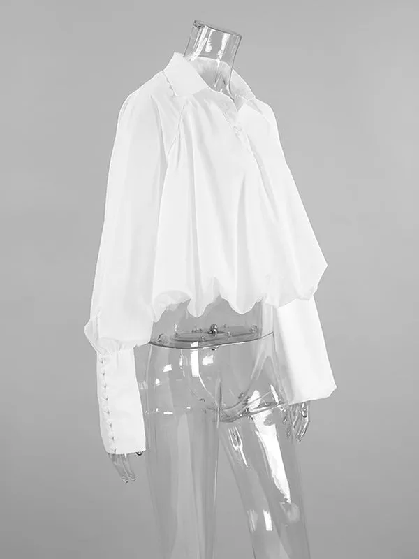 Asymmetric Solid Color Split-Joint Loose Puff Sleeves Lapel Blouses&shirts Tops