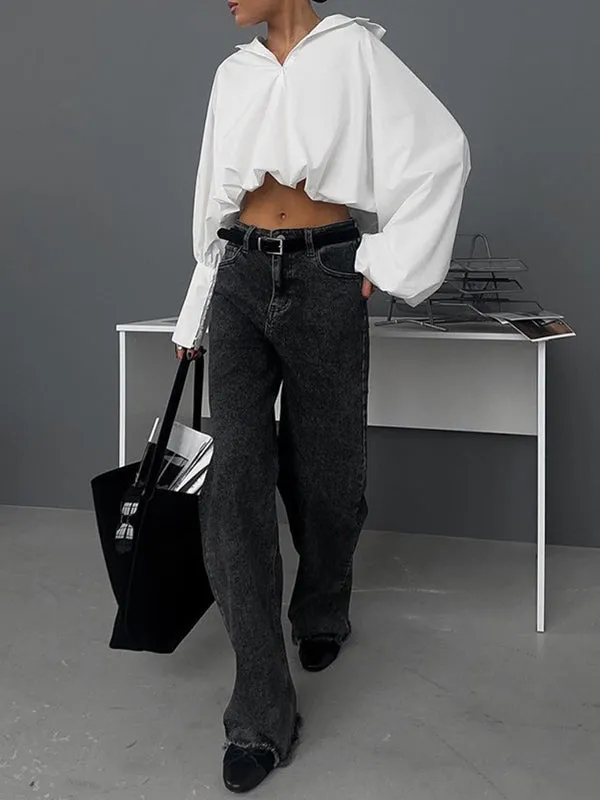 Asymmetric Solid Color Split-Joint Loose Puff Sleeves Lapel Blouses&shirts Tops