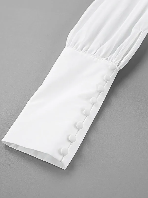 Asymmetric Solid Color Split-Joint Loose Puff Sleeves Lapel Blouses&shirts Tops