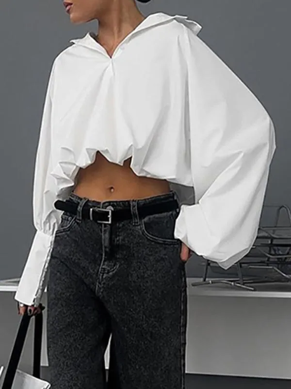 Asymmetric Solid Color Split-Joint Loose Puff Sleeves Lapel Blouses&shirts Tops