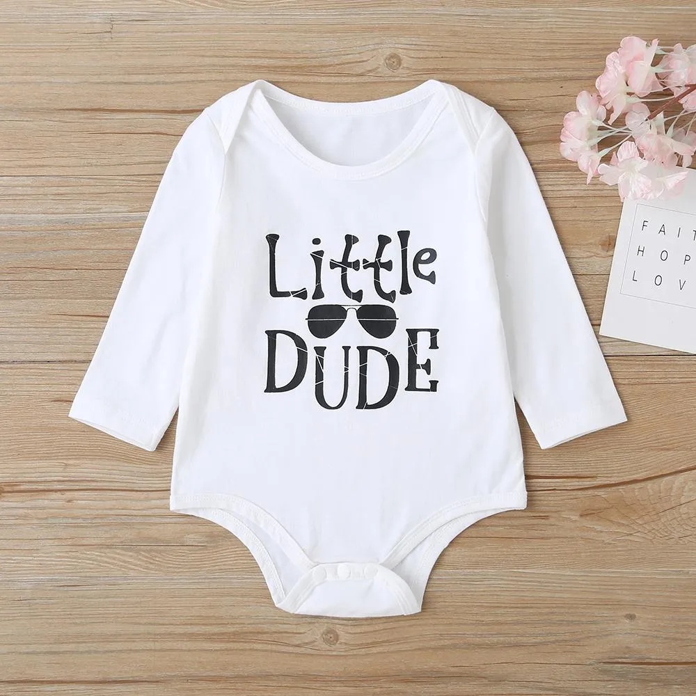 Baby Little Dude Long Sleeve Romper & Solid Overalls Baby Clothing Wholesale