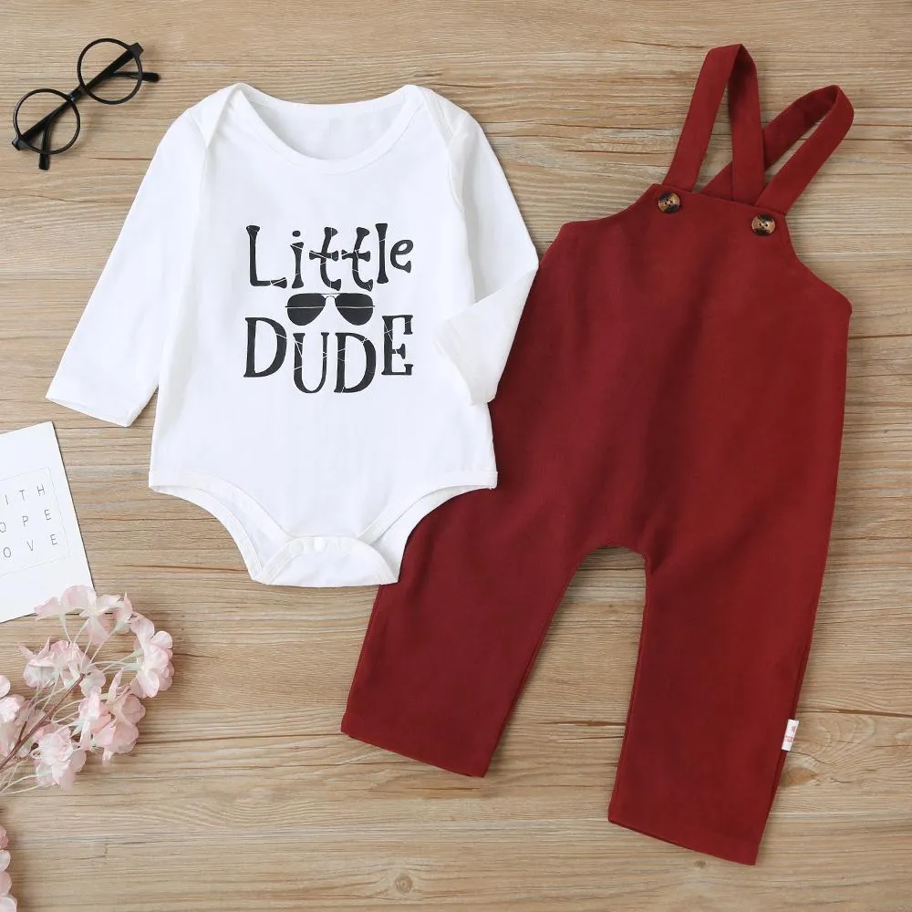 Baby Little Dude Long Sleeve Romper & Solid Overalls Baby Clothing Wholesale