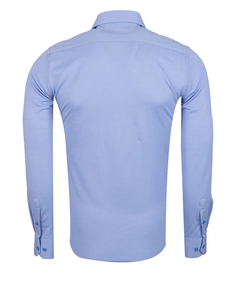 Blue Cotton Plain Stretch Shirt