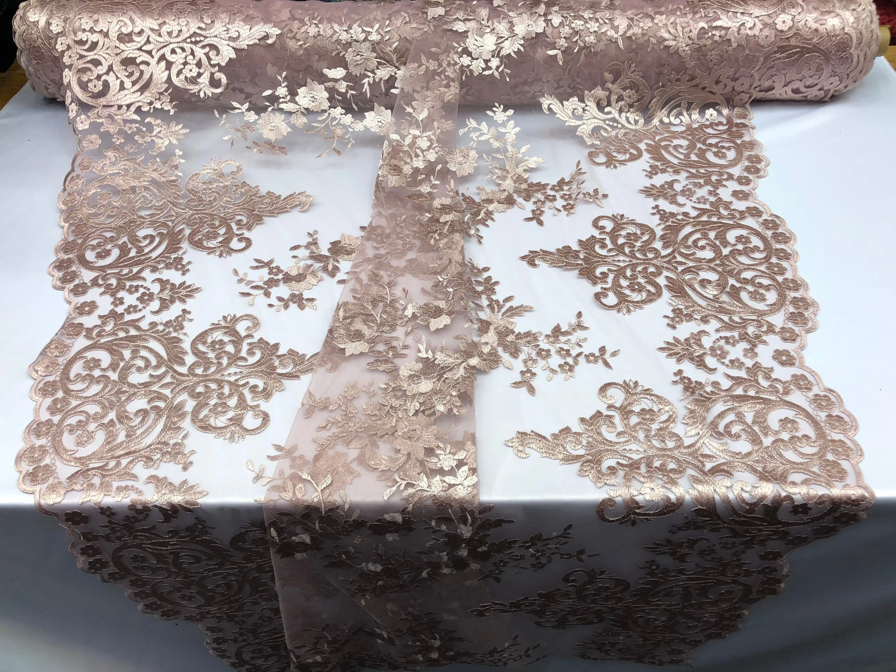 Blush Damask Design Embroidered on Mesh Lace Fabric, Floral Bridal Lace Wedding Dress by the Yard (Pick a Size)
