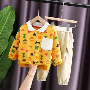 Boys Geometry Printed Lapel Top & Pants Boys Casual Suits