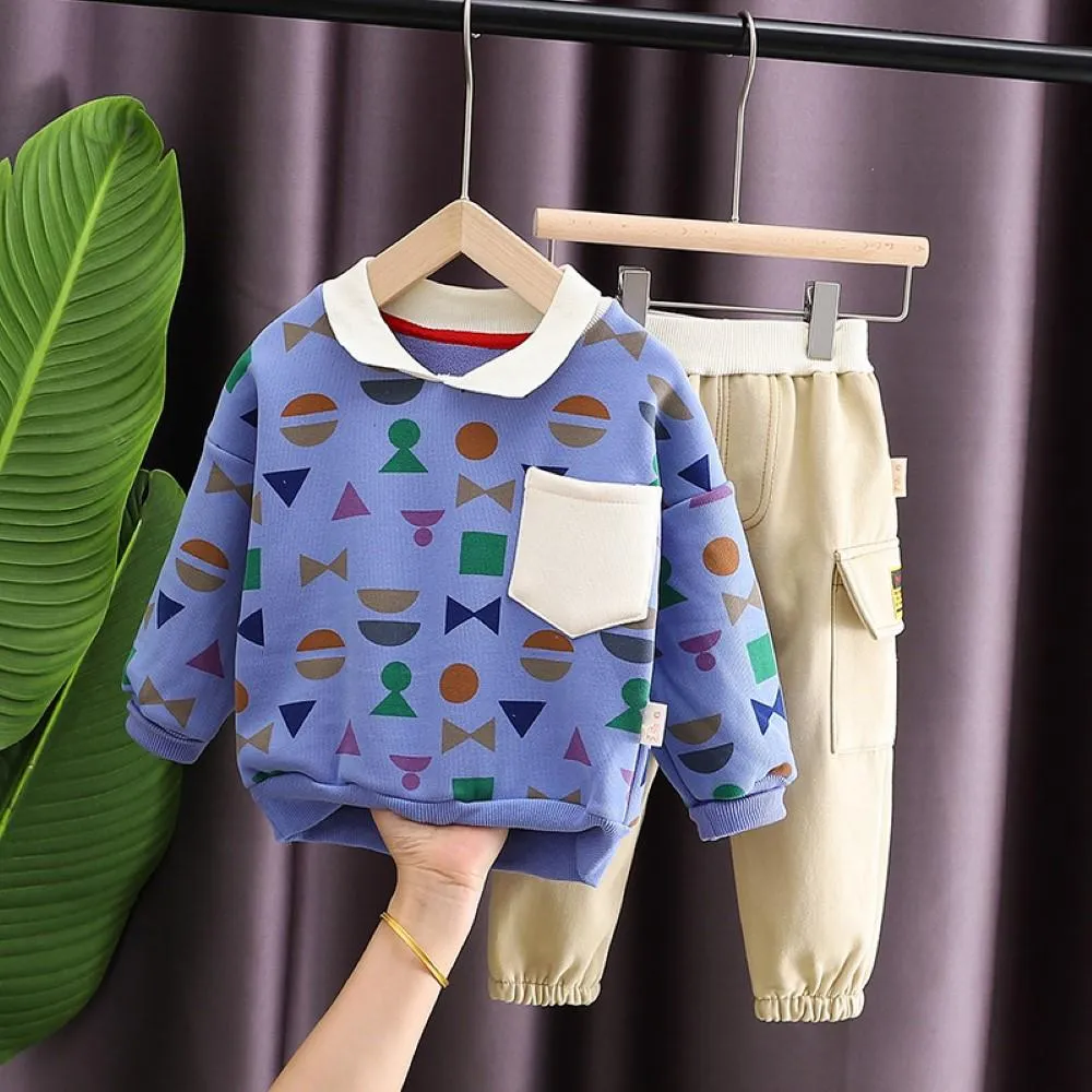 Boys Geometry Printed Lapel Top & Pants Boys Casual Suits
