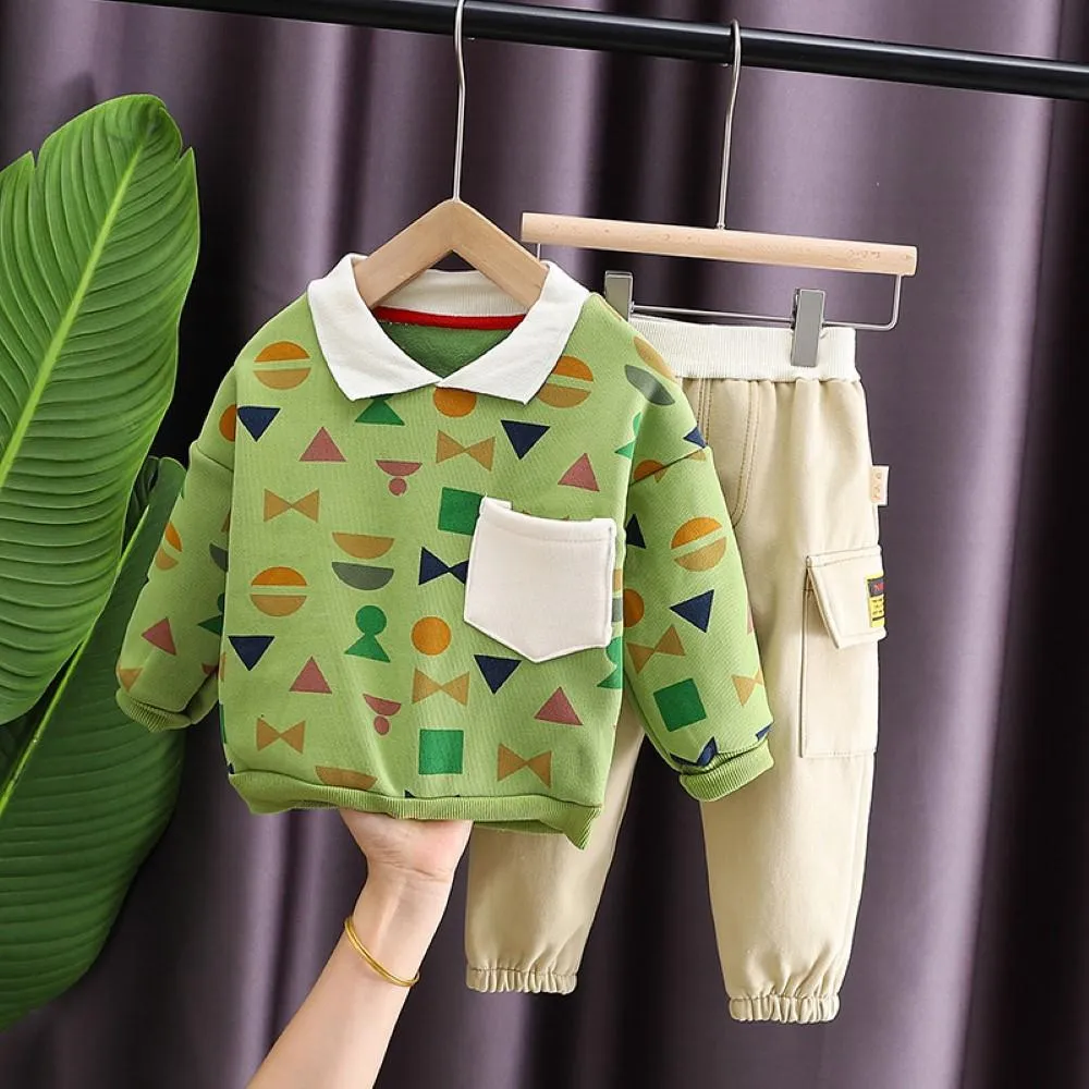 Boys Geometry Printed Lapel Top & Pants Boys Casual Suits