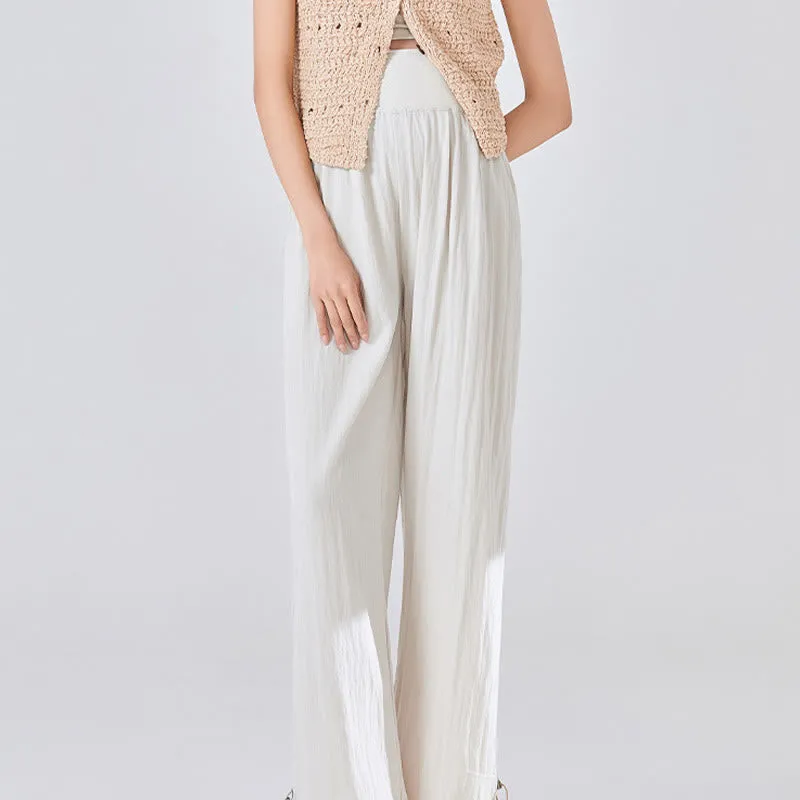 Buddha Stones Casual Plain Loose High elastic belly support Women's Viscose Wide Leg Pants With Pockets