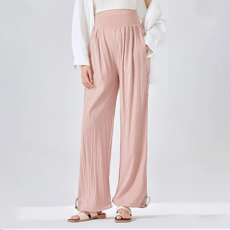 Buddha Stones Casual Plain Loose High elastic belly support Women's Viscose Wide Leg Pants With Pockets