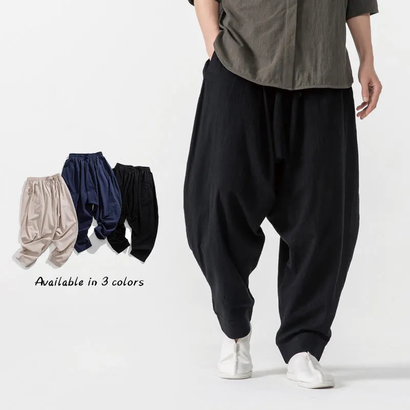 Buddha Stones Solid Color Drawstring Men's Harem Pants With PocketsAnkle-Length (9 Length)