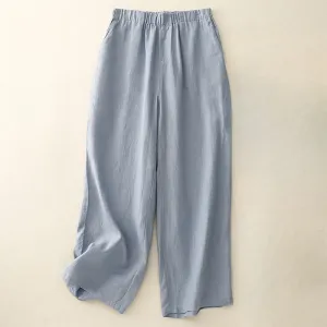 Buddha Stones Wild Plain Cotton Linen Women's Wide Leg Pants With Pockets