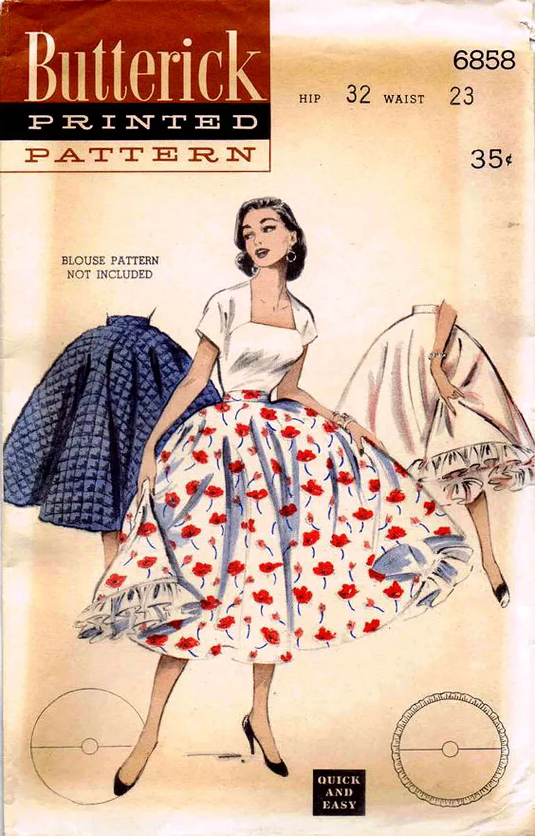 Butterick 6858 Womens Classic Circle Skirt & Ruffled Full Petticoat 1950s Vintage Sewing Pattern Waist 24 inches