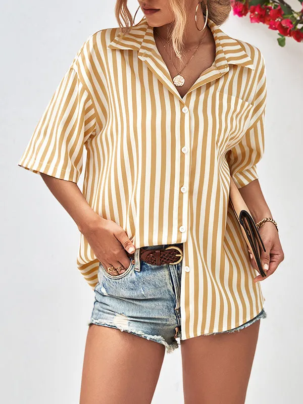 Buttoned Striped Half Sleeves Loose Notched Collar Blouses&Shirts Tops