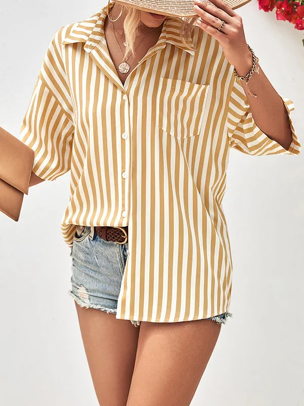 Buttoned Striped Half Sleeves Loose Notched Collar Blouses&Shirts Tops