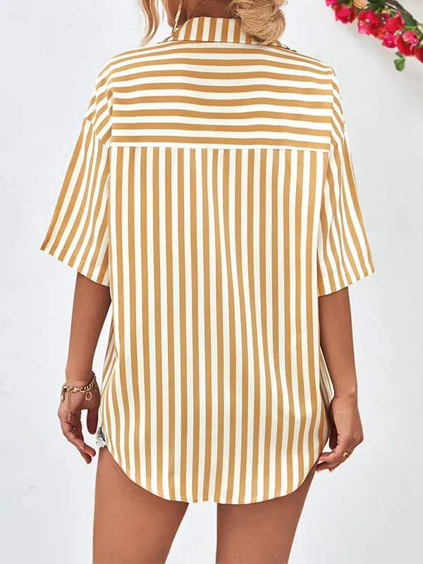 Buttoned Striped Half Sleeves Loose Notched Collar Blouses&Shirts Tops