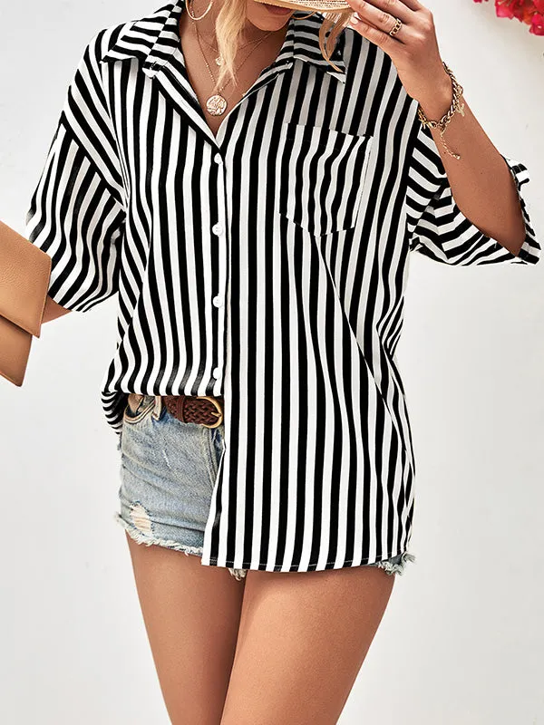 Buttoned Striped Half Sleeves Loose Notched Collar Blouses&Shirts Tops
