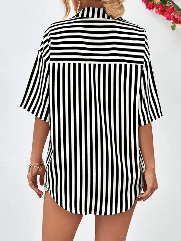 Buttoned Striped Half Sleeves Loose Notched Collar Blouses&Shirts Tops