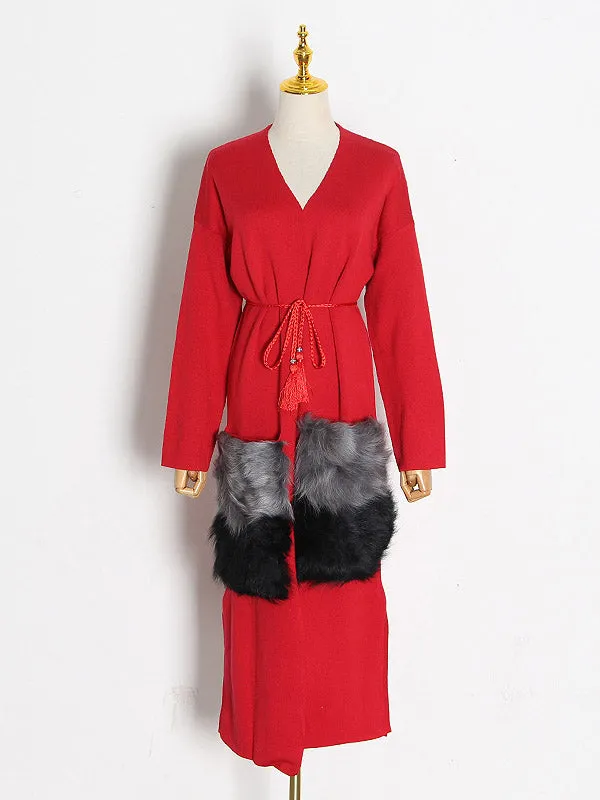 Casual Tied Contrast Color Split-Joint With Big Pockets Cardigan Coats