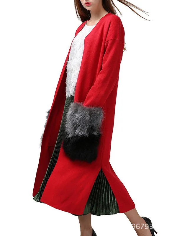 Casual Tied Contrast Color Split-Joint With Big Pockets Cardigan Coats