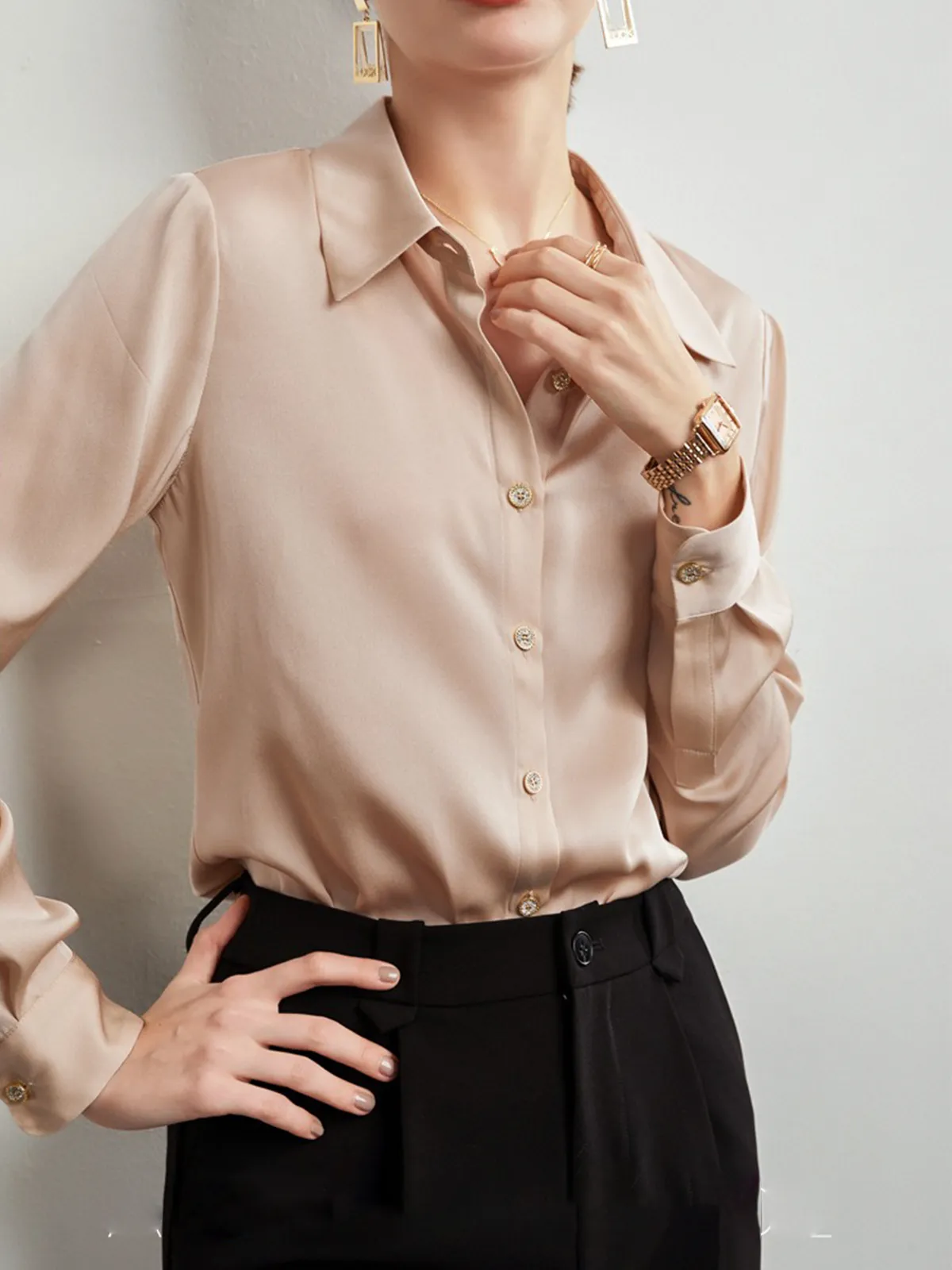 Classic Concealed Placket Women Silk Shirt