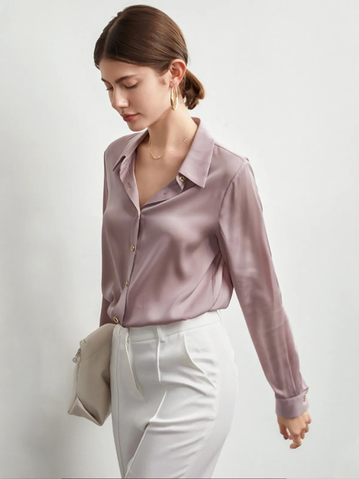 Classic Concealed Placket Women Silk Shirt