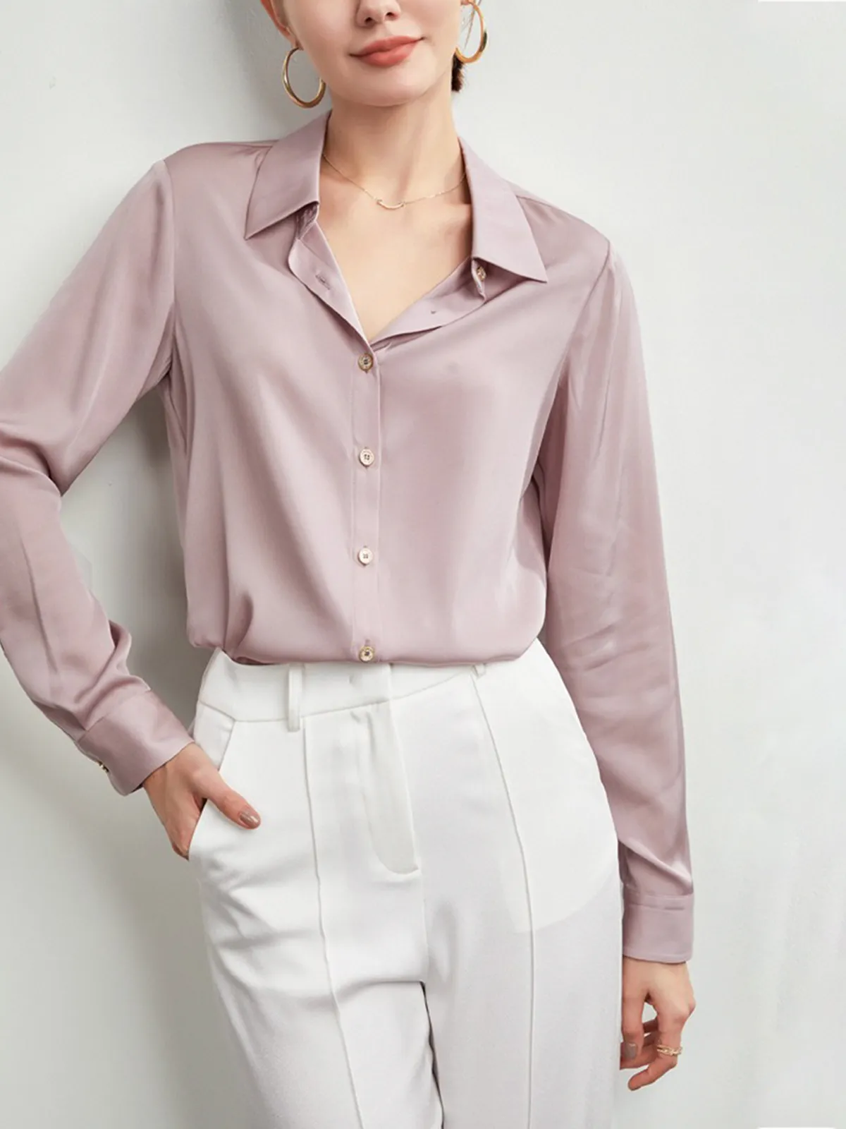 Classic Concealed Placket Women Silk Shirt