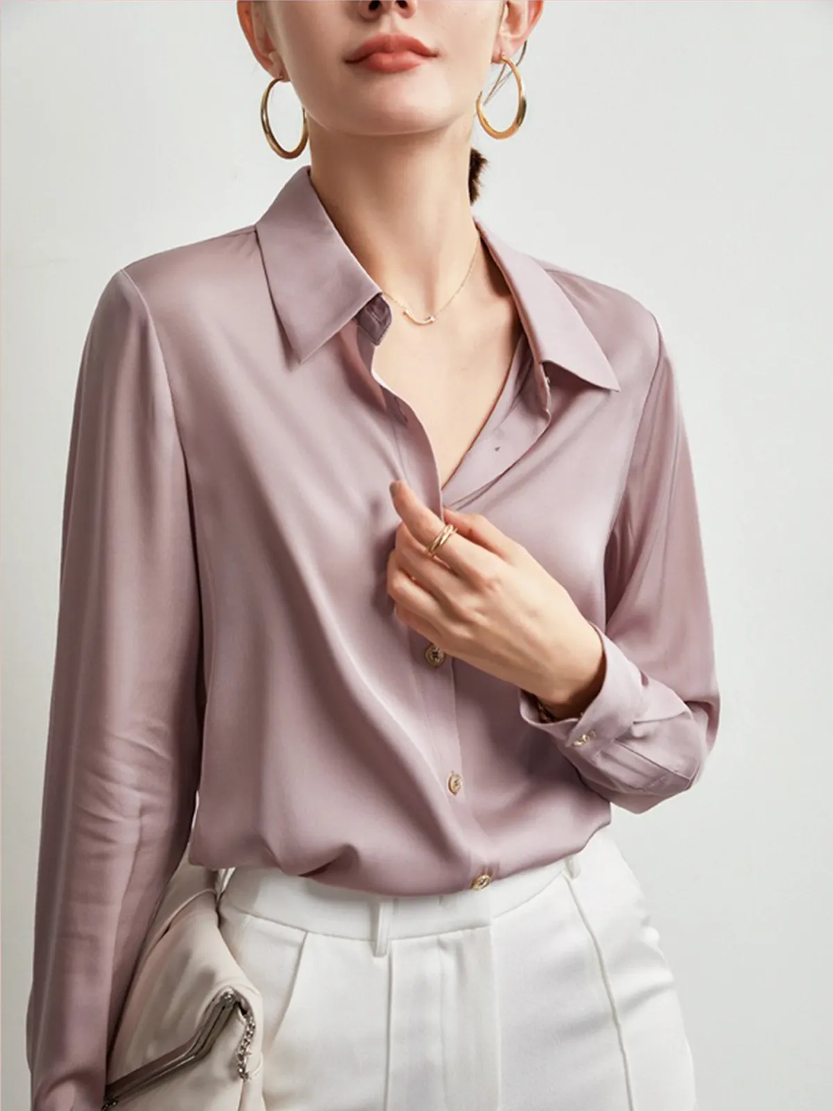 Classic Concealed Placket Women Silk Shirt
