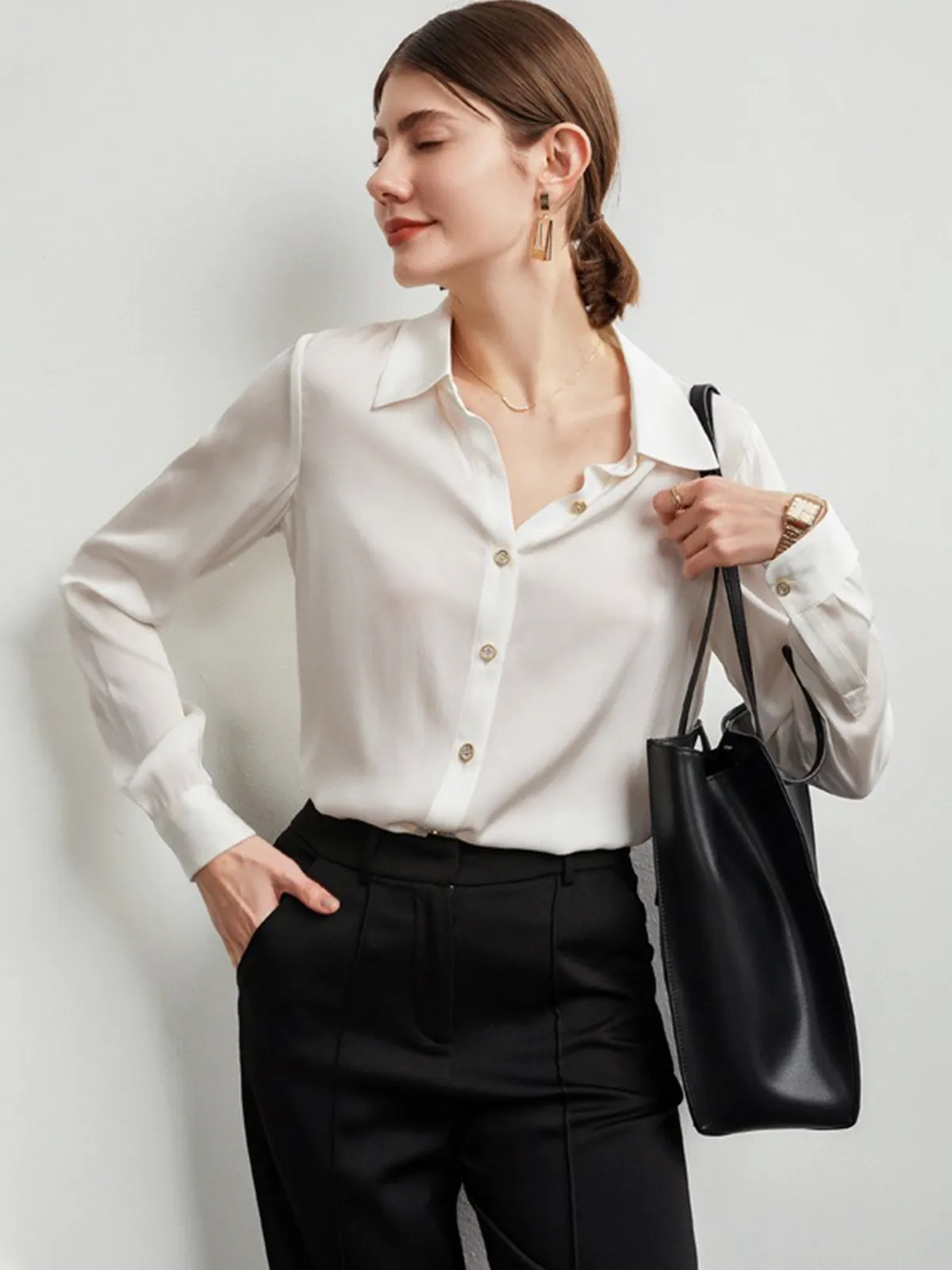 Classic Concealed Placket Women Silk Shirt