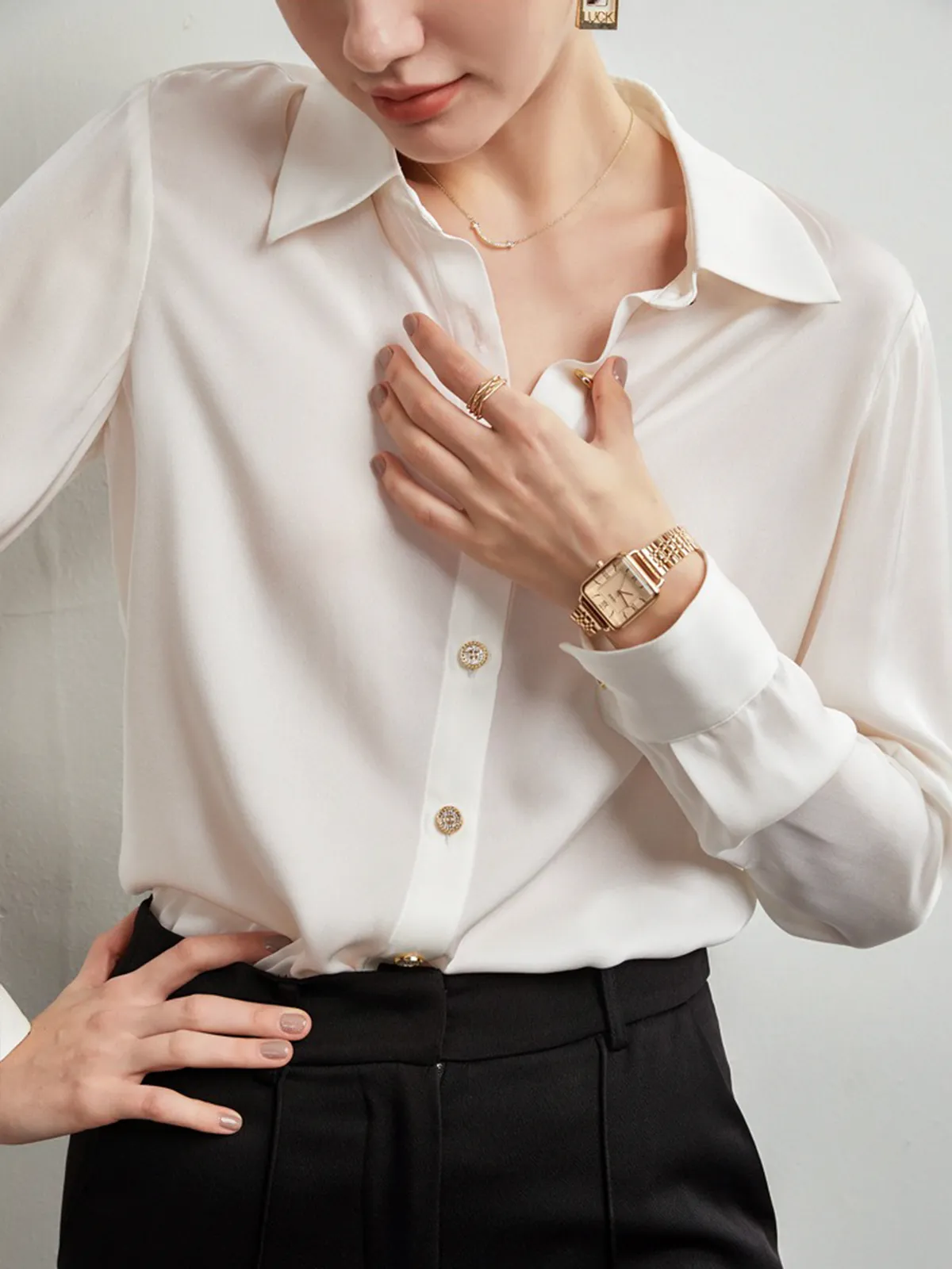 Classic Concealed Placket Women Silk Shirt