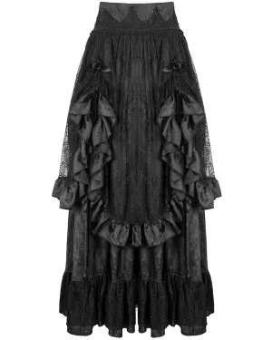 Devil Fashion Womens Long Gothic Jacquard & Lace Bustle Maxi Skirt - Black