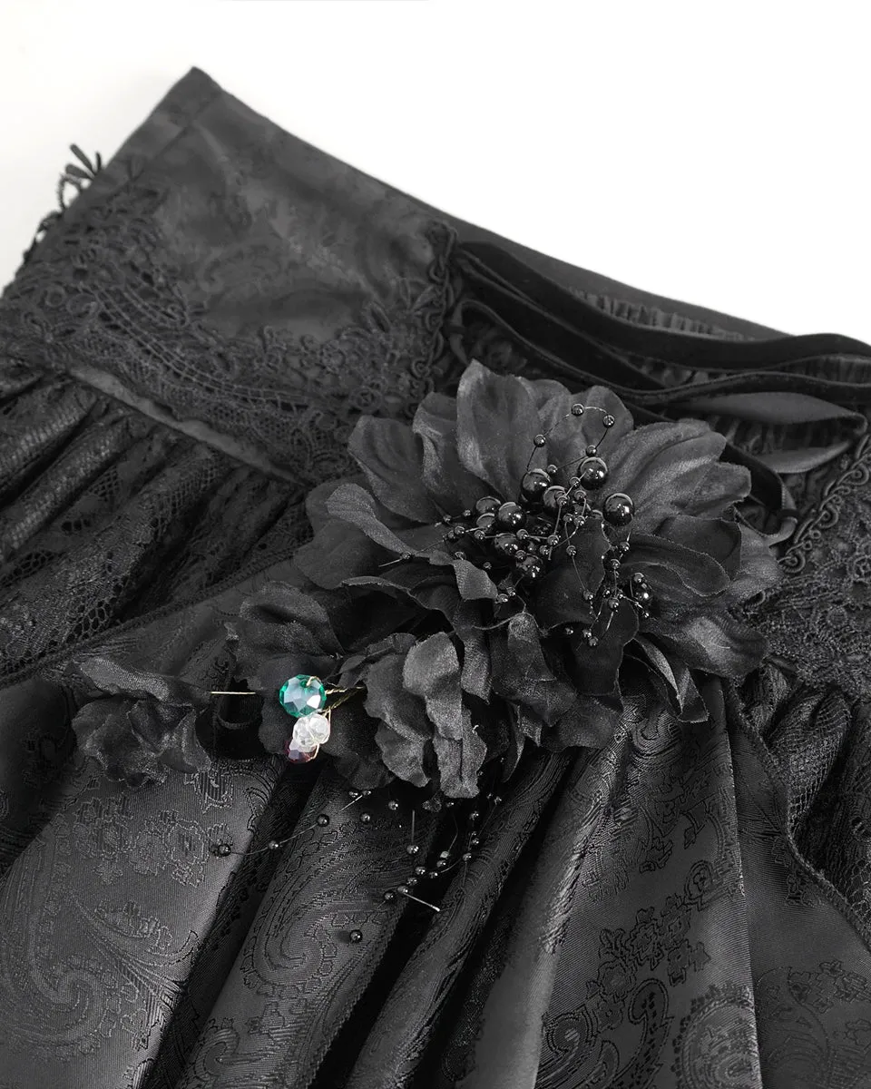 Devil Fashion Womens Long Gothic Jacquard & Lace Bustle Maxi Skirt - Black