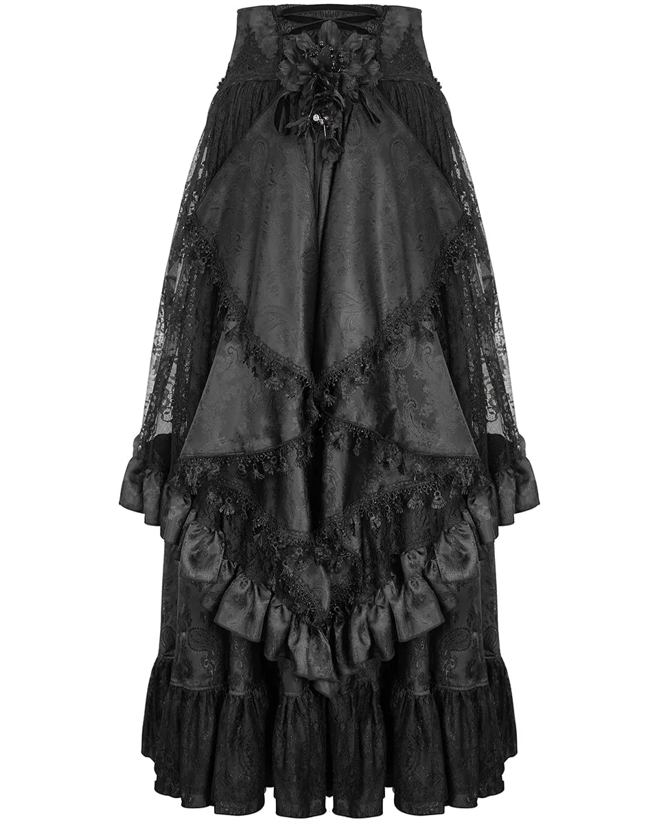 Devil Fashion Womens Long Gothic Jacquard & Lace Bustle Maxi Skirt - Black