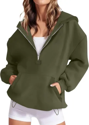 Fleece Oversized Hoodie Women Loose Fit Half Zip Pullover Sweatshirts Trendy Drawstring Hem Jacket with Pockets
