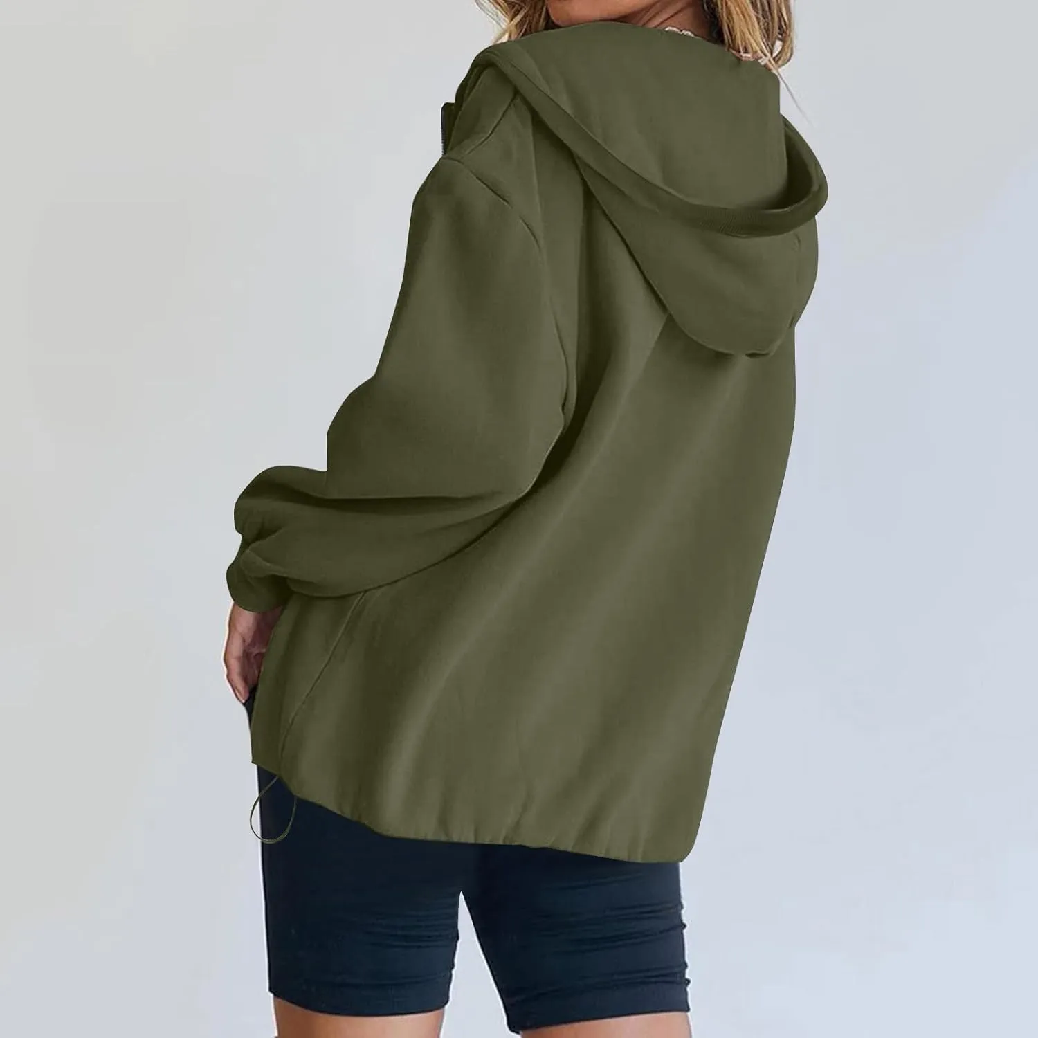Fleece Oversized Hoodie Women Loose Fit Half Zip Pullover Sweatshirts Trendy Drawstring Hem Jacket with Pockets