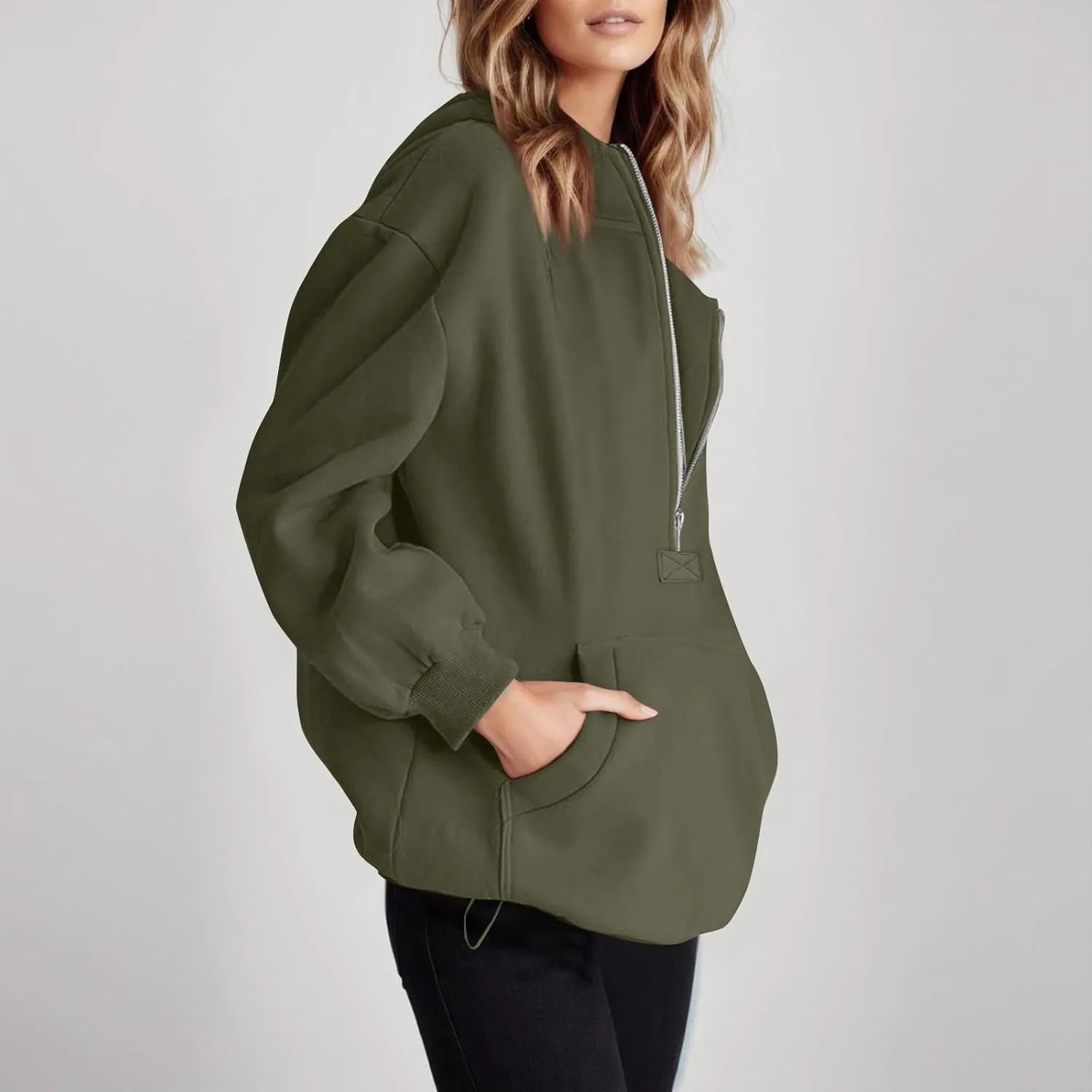 Fleece Oversized Hoodie Women Loose Fit Half Zip Pullover Sweatshirts Trendy Drawstring Hem Jacket with Pockets