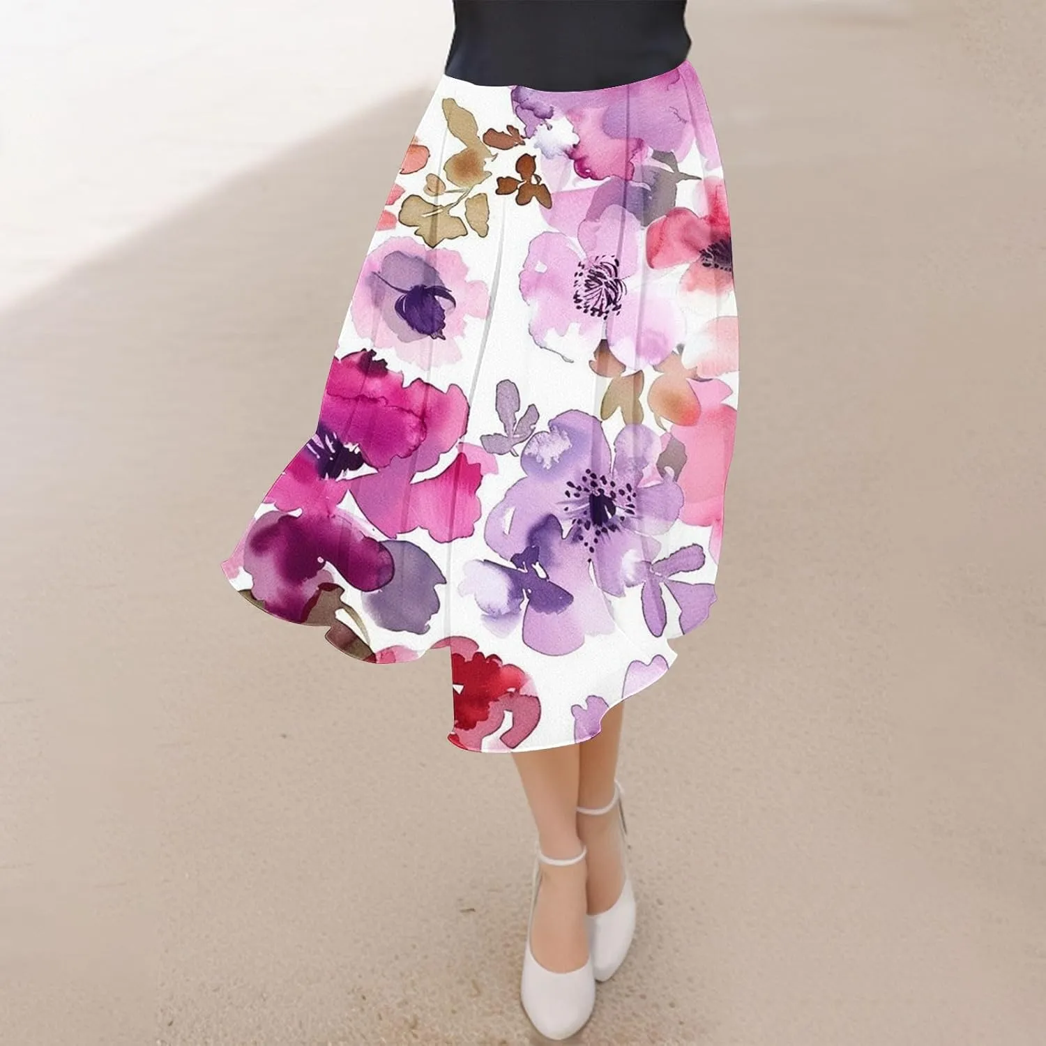 Flowy Skirts for Women Summer Casual Floral Printed Elastic High Waist A-Line Boho Beach Vacation Midi Skirts